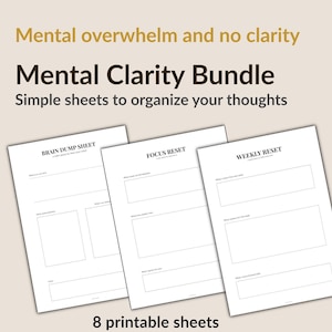 Könnte beinhalten: Drei weiße, bedruckbare Blätter mit Aufforderungen zur Organisation von Gedanken, beschriftet mit "Brain Dump Sheet", "Focus Reset" und "Weekly Reset". Der Text "Mental Clarity Bundle" und "8 printable sheets" sind ebenfalls sichtbar.