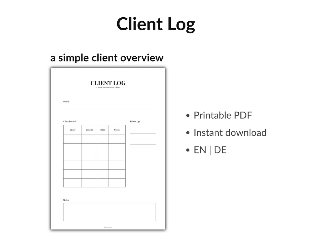 Client Task Log Client Log Printable Client Tracker Sheet Freelancer Client Log Client ...