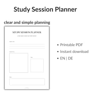 Könnte beinhalten: Ein weißer, druckbarer Studienplaner mit dem Titel "Study Session Planner" und dem Text "clear and simple planning". Der Planer enthält Abschnitte für Fach, Fokus, Aufgaben und Notizen. Als druckbares PDF verfügbar.