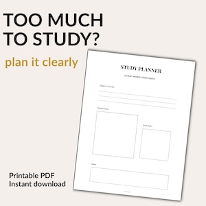 Könnte beinhalten: Ein weißer Studienplaner mit dem Text "Study Planner" und "a clear weekly study space". Der Planer enthält Abschnitte für Fächer, wöchentlichen Fokus, Studienaufgaben und Notizen. Das Bild enthält auch den Text "TOO MUCH TO STUDY? plan it clearly."