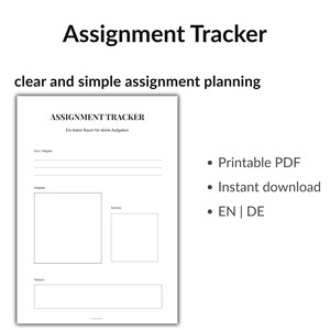 Könnte beinhalten: Ein druckbarer PDF-Aufgaben-Tracker mit dem Titel "Assignment Tracker" in minimalistischem Design. Der Text "clear and simple assignment planning" steht darüber. Enthält "Printable PDF" und "Instant download" Optionen.