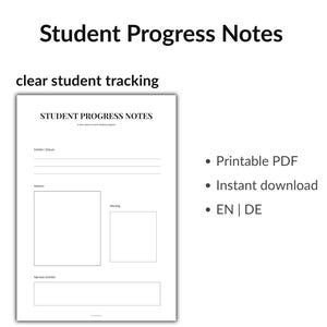 Könnte beinhalten: Ein druckbares PDF-Dokument mit dem Titel „Student Progress Notes“ mit einem übersichtlichen Schülertracking-Design. Das Dokument enthält Abschnitte für Notizen und wichtige Informationen. Der Text „EN | DE“ ist ebenfalls sichtbar.