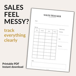 Könnte beinhalten: Ein weißes, druckbares Verkaufs-Tracker-Blatt mit schwarzem Rand. Der Text "SALES FEEL MESSY?" steht oben links, darunter "track everything clearly". Das Blatt enthält Abschnitte für ein Verkaufsprotokoll und eine Verkaufsübersicht.