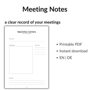 Könnte beinhalten: Ein weißes, druckbares PDF-Dokument mit dem Titel „Meeting Notes“ mit Abschnitten für Notizen, Aktionspunkte und nächste Schritte. Das Dokument soll eine klare Aufzeichnung von Besprechungen ermöglichen. Der Text „Printable PDF“, „Instant download“ und „EN | DE“ ist ebenfalls enthalten.