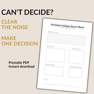 Decision Fatigue Reset Sheet, Overthinking Decisions Worksheet, Mental Clarity Planner PDF, Decision Making Tool, Anxiety Relief Printable