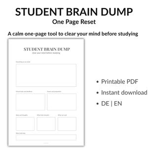 Könnte beinhalten: Ein weißes, druckbares PDF mit dem Titel "STUDENT BRAIN DUMP" mit Abschnitten für Notizen. Der Text enthält "One Page Reset" und "A calm one-page tool to clear your mind before studying." Enthält auch "Druckbares PDF" und "Sofort-Download."