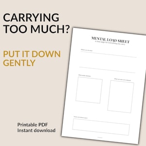 Könnte beinhalten: Ein druckbares PDF mit dem Titel "MENTAL LOAD SHEET" mit Aufforderungen zur mentalen Organisation. Der Text "CARRYING TOO MUCH? PUT IT DOWN GENTLY" wird in Schwarz und Gold angezeigt. Das Dokument ist für den sofortigen Download konzipiert.