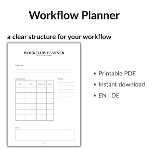 Könnte beinhalten: Ein weißer, druckbarer Workflow-Planer mit einer klaren Struktur für Ihren Workflow. Der Planer enthält Abschnitte für Projektziele, Workflow-Schritte und Prioritäten. Der Text lautet "Druckbares PDF", "Sofortiger Download" und "EN | DE".