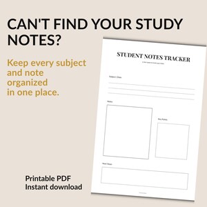 Könnte beinhalten: Eine weiße, druckbare Seite zur Verfolgung von Studentennotizen mit schwarzem Text. Die Überschrift lautet STUDENT NOTES TRACKER. Sie enthält Felder für Subject, Date, Notes, Key Points und Next Steps. Der Text CAN'T FIND YOUR STUDY NOTES? Keep every subject and note organized in one place. Printable PDF Instant download ist ebenfalls sichtbar.