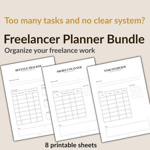 Könnte beinhalten: Ein Freelancer-Planer-Bundle mit drei bedruckbaren Blättern: Einnahmen-Tracker, Projektplaner und Aufgabenübersicht. Der Text lautet: „Zu viele Aufgaben und kein klares System? Organisieren Sie Ihre freiberufliche Arbeit.“ Das Bundle enthält 8 bedruckbare Blätter.