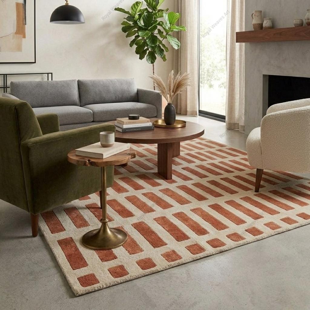 Hand Tufted Wool Rug | Terracotta Brick Geometric Pattern Area Rug ...