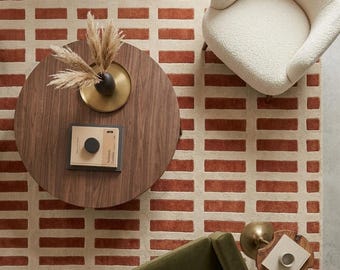 Hand Tufted Wool Rug | Terracotta Brick Geometric Pattern Area Rug | Modern Mid-Century Style