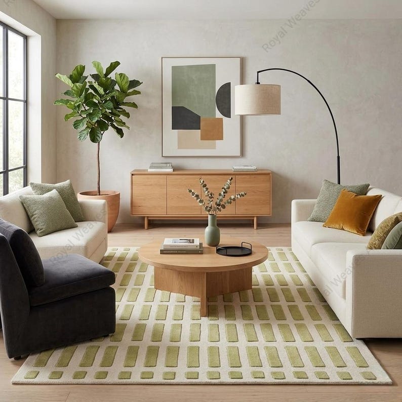 Hand Tufted Olive Green Wool Rug | Geometric Block Pattern Area Rug ...