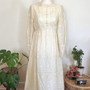 Vintage Emma Domb Ivory Lace Gown | Union-Made Bridal Dress | 1960s Wedding Dress with Empire Waist | Heirloom Hope Chest Piece | Size XS–S