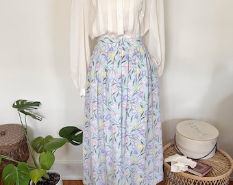 90s Tulip Print Midi Skirt: Vintage High Waist Cottagecore Garden Party