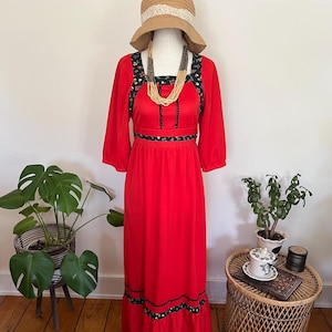 Vintage 70s Red Prairie Maxi Dress – Gunne Sax Style, Floral Trim, Puff Sleeves, Square Neck, Tie Waist, Cottagecore Spring Festival Look