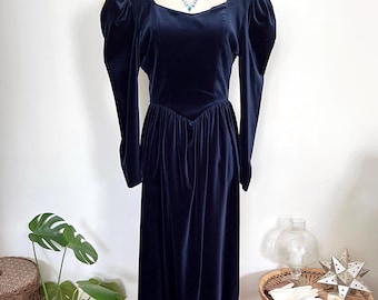 Vintage 80s Laura Ashley Velvet Dress – Midnight Blue, Puff Sleeves, Deep V Back