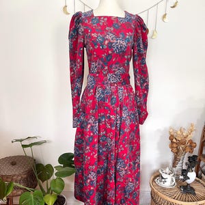 Vintage 80s Laura Ashley Red Needlecord Prairie Dress – Puff Sleeves, Floral Maxi, Cottagecore Gothic, Brontë Literary Style