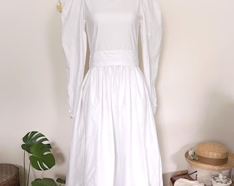 Vintage 80s Laura Ashley Prairie Dress | White Cotton Storybook Gown, XS