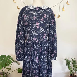 Vintage Laura Ashley Floral Cotton Dress: 80s Cottagecore Lace Collar, UK 14