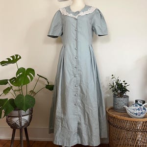 Vintage 1990s Laura Ashley Linen Dress – Light Blue Sailor Collar Midi, Cottagecore Storybook Prairie, UK 14 / US 10