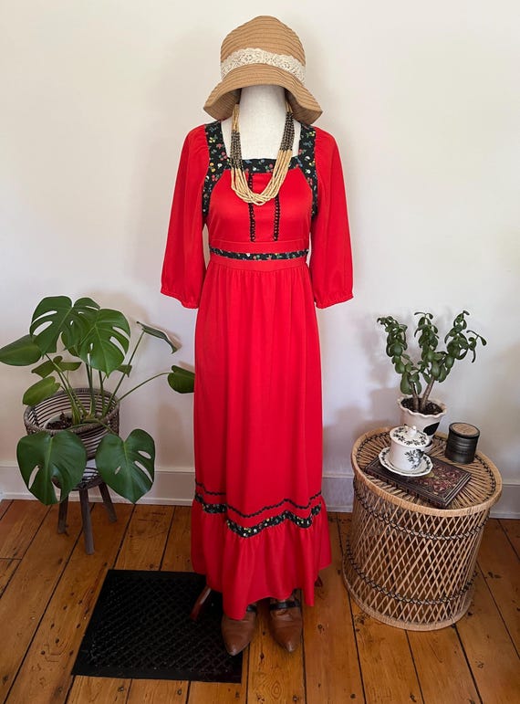Vintage 70s Red Prairie Maxi Dress Floral Trim, Puff Sleeves, Cottagecore Style Vintage 70s Red Prairie Maxi Dress Floral Trim, Puff Sleeves, Cottagecore Style