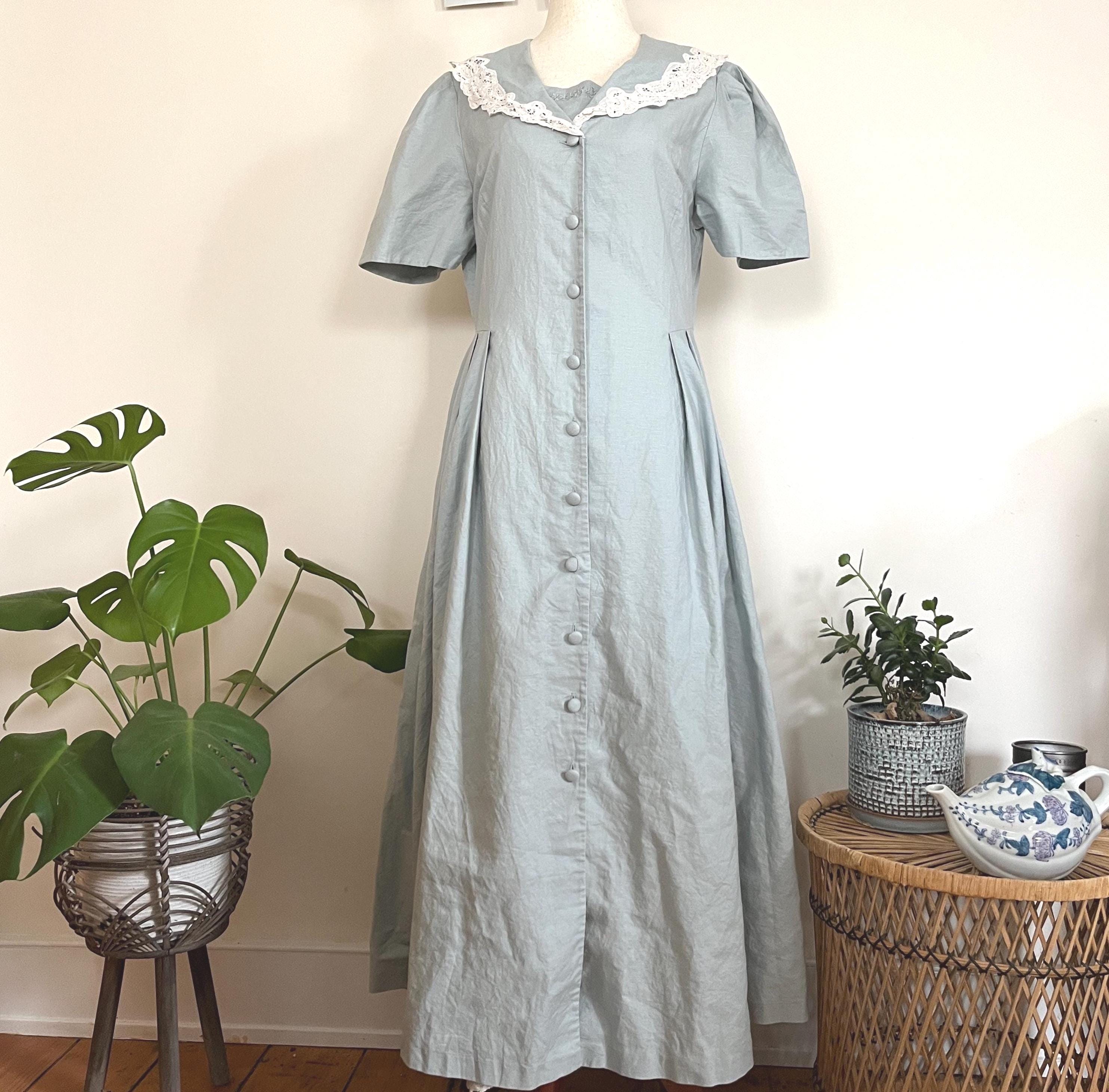 laura ashley linen dress Vintage Laura Ashley Linen Dress: Blue Sailor Collar, Cottagecore Midi (UK  14 / US 10)