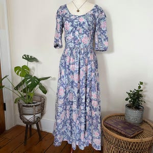 1980s Laura Ashley Floral Tea Dress | Puff Sleeve Cottagecore Prairie Dress | 50s Style Fit & Flare | Romantic Storybook Garden Look
