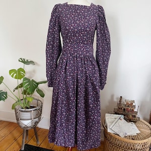 Vintage 80s Laura Ashley Needlecord Prairie Dress, Purple Floral Cotton Maxi, Puff Sleeves, Cottagecore, Victorian Style, Spring Picnic Maxi