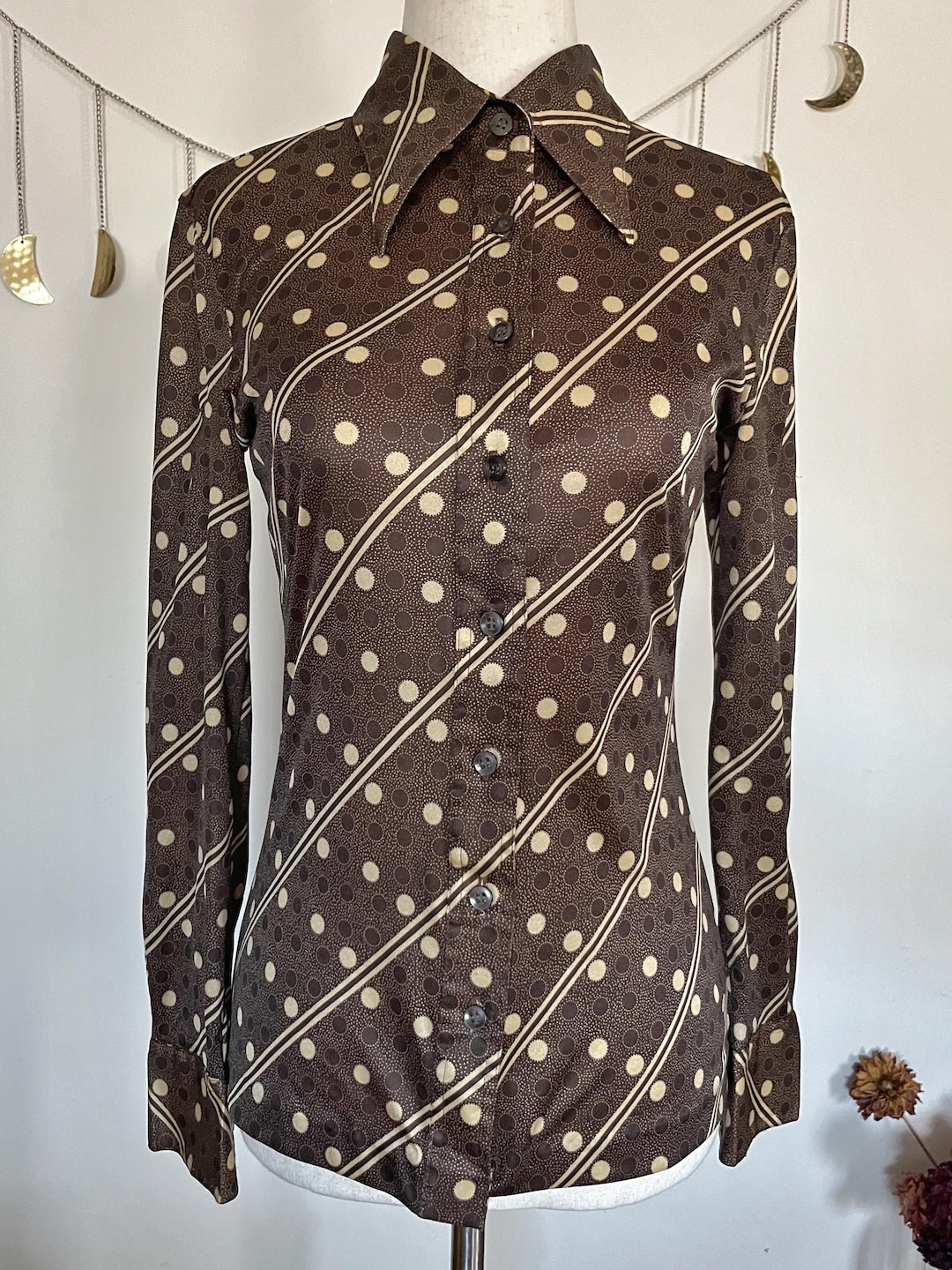 Vintage 70s Hukapoo Blouse: Brown Polka Dot Stripe Disco Top (XS–S) - Etsy