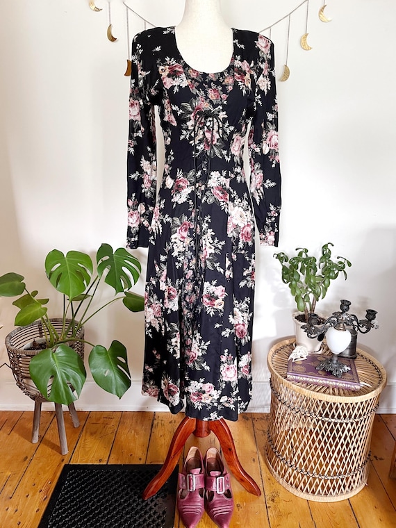 90s Vintage Black Floral Corset Dress: Cottage Goth Rayon Midi, Adjustable  Waist - Etsy