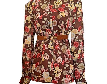 Vintage 1990s Y2K Floral Cottagecore Pink & Brown Career Tunic blouse