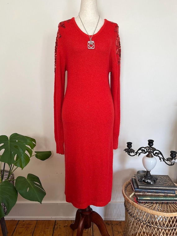 Vintage 80s Red Sequin Angora Blend Sweater Dress - Flame Sleeves, Size M -  Etsy