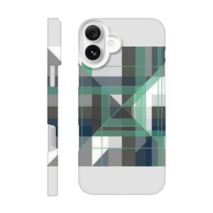 May include: A white phone case with a geometric design in shades of gray, teal, and navy blue. The design features a grid pattern with intersecting lines and shapes. The case has a camera cutout and a side view showing the case's profile.