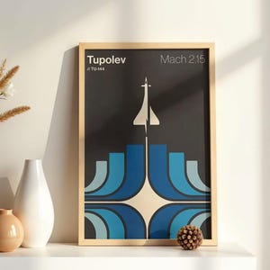 Quadro decorativo de parede Tupolev TU-144 | Pôster de jato supersônico | Decoração retrô de aviação