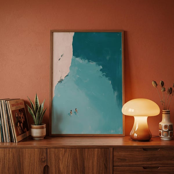 Summer Beach Canvas Print | Teal Ocean Waves Wall Art | Vintage Swimmer Poster | Coastal Home Decor | Minimalist Swimming Pool Picture