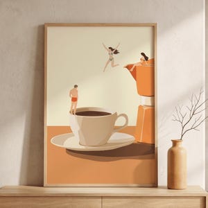 May include: A framed art print shows a surreal scene with tiny figures interacting with giant coffee-related objects. A person stands on a coffee cup, while others jump into a coffee pot. The color scheme features beige, orange, and brown.