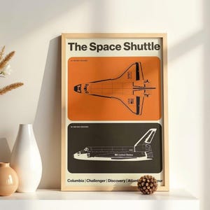 Peut inclure: Une affiche encadrée intitulée "The Space Shuttle" avec deux schémas détaillés de la navette spatiale. Le schéma supérieur est orange, le schéma inférieur est noir. L'affiche comprend les noms des navettes : Columbia, Challenger, Discovery et Atlantis.