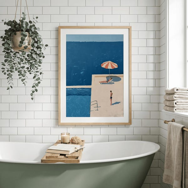 beachVintage Pool Poster | Mid Century Modern Wall Art | Summer Beach Canvas Print | Retro Blue Ocean Decor | Swimming Print | Unframed