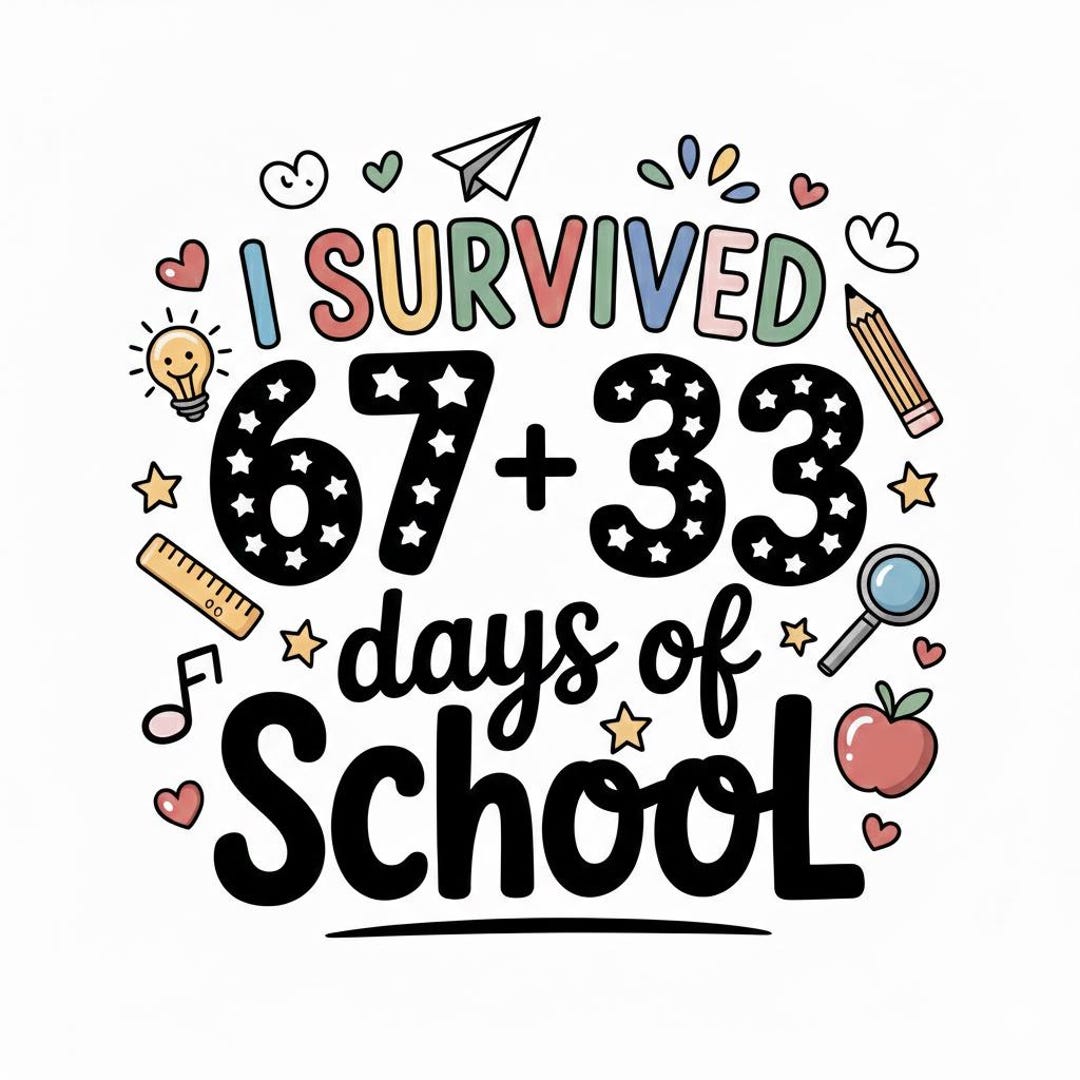 I Survived 67+33 Days of School PNG, Coquette 100 Days of School Design ...