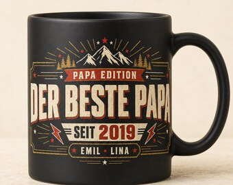 Taza personalizada para papá con el nombre del niño y el año de nacimiento – Taza de cerámica negra, regalo para papá