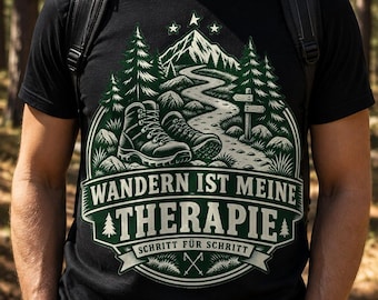 Camiseta "El senderismo es mi terapia", camiseta de senderismo con montañas y botas, regalo para excursionistas, caminantes y amantes de la naturaleza.