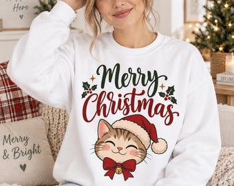 Jersey navideño con diseño de gato, Feliz Navidad, regalo para amantes de los gatos, sudadera de gato, jersey navideño, unisex