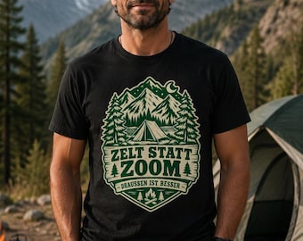 Camiseta de camping "Tienda de campaña en lugar de Zoom", camiseta para actividades al aire libre con tienda de campaña y montañas, regalo para campistas, excursionistas y amantes de la naturaleza.