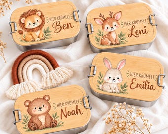 Fiambrera personalizada para niños con nombre | Fiambrera de acero inoxidable con tapa de bambú | Para jardín de infancia/colegio | Regalo de vuelta al cole