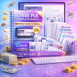 Peut inclure: Image de marketing numérique présentant un pack de modèles Canva PLR. L'image comprend un ordinateur portable, des documents, un clavier et des piles d'argent et de pièces. Le texte comprend "CANVA PLR TEMPLATE" et "EDITABLE GUIDE TO RESELL".