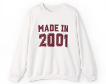 Made in 2001 Sweatshirt | Birthday Year Crewneck, Retro Vintage Number Design