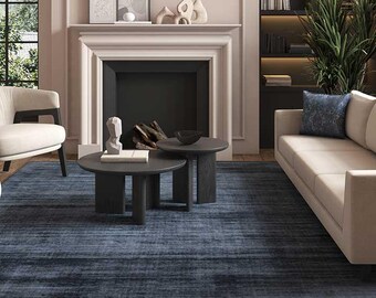 Handloom Navy Blue Silk Viscose Rug, Modern Minimalist Texture