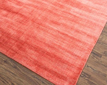 Handloom Coral Pink Silk Viscose Rug, Soft Plain Texture