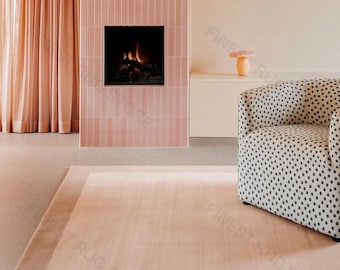 Tapete de lã feito à mão: tom pêssego suave, borda rosa antigo, estilo moderno e neutro para sala de estar.